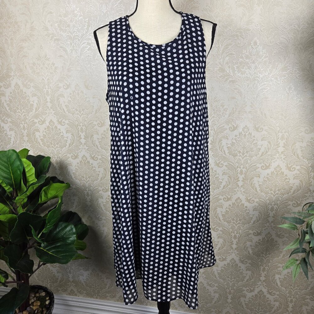 Tommy Hilfiger Size 14 Navy Blue White Polka Dot Swing Trapeze Dress Sleeveless